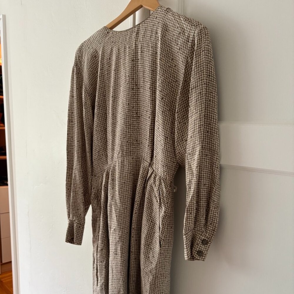 Vintage Linda Allard Ellen Tracy dress, 80s, 100% silk, tan check, modern S/M